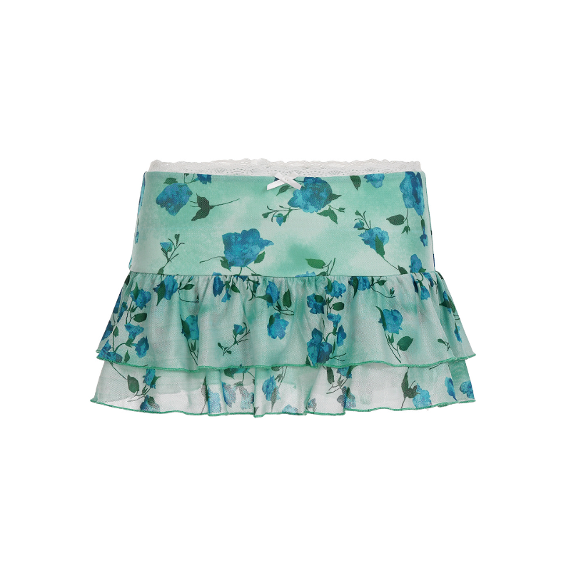 Y2K Coquette Blue Floral Ruffle Mini Skirt - Lace Trim & Bow Detail for Flirty Fall Style