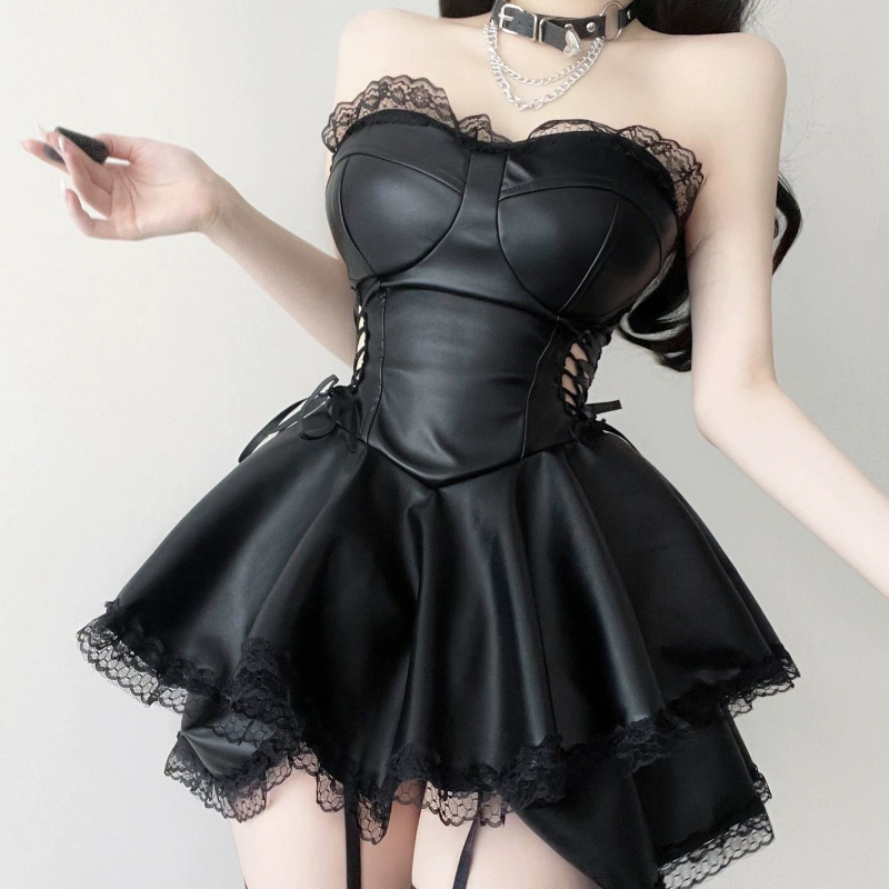 Spooky Season Stunner: Faux Leather & Lace Goth Mini Dress - Perfect for Halloween & Club Nights