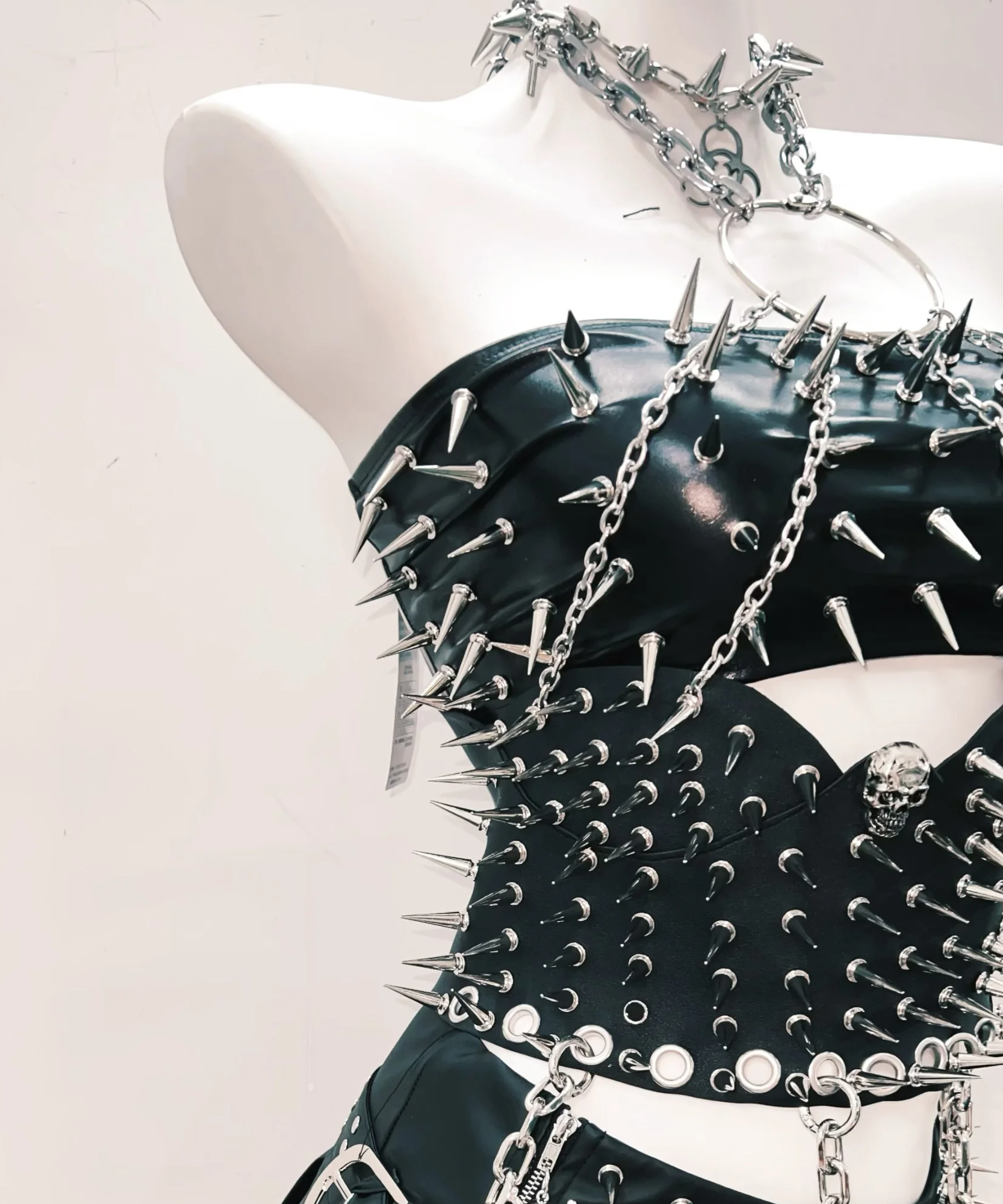 Unleash Your Inner Rebel: Ultimate Spiked Faux Leather Goth Punk Halter Top & Skirt Set – Halloween & Rave Ready