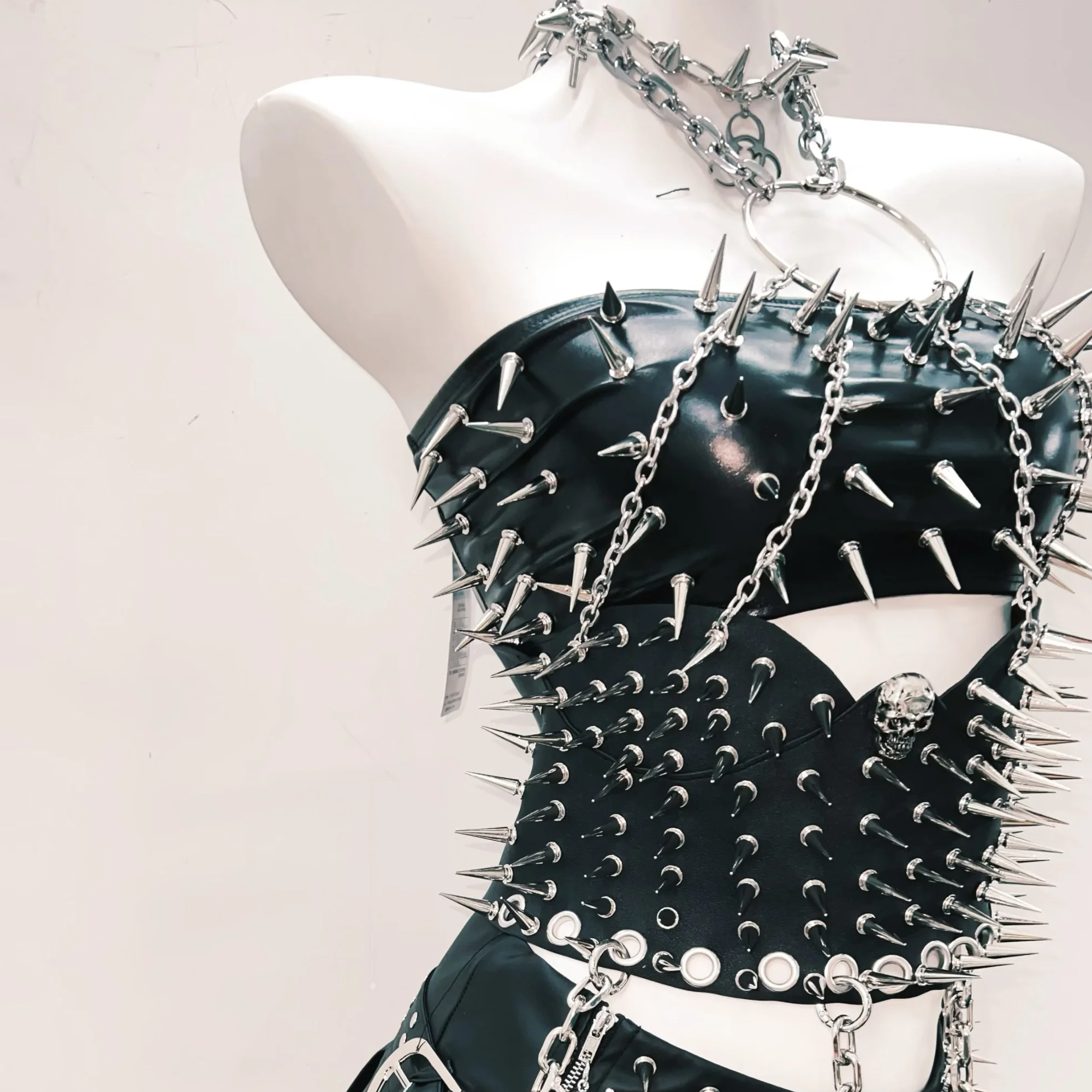 Unleash Your Inner Rebel: Ultimate Spiked Faux Leather Goth Punk Halter Top & Skirt Set – Halloween & Rave Ready