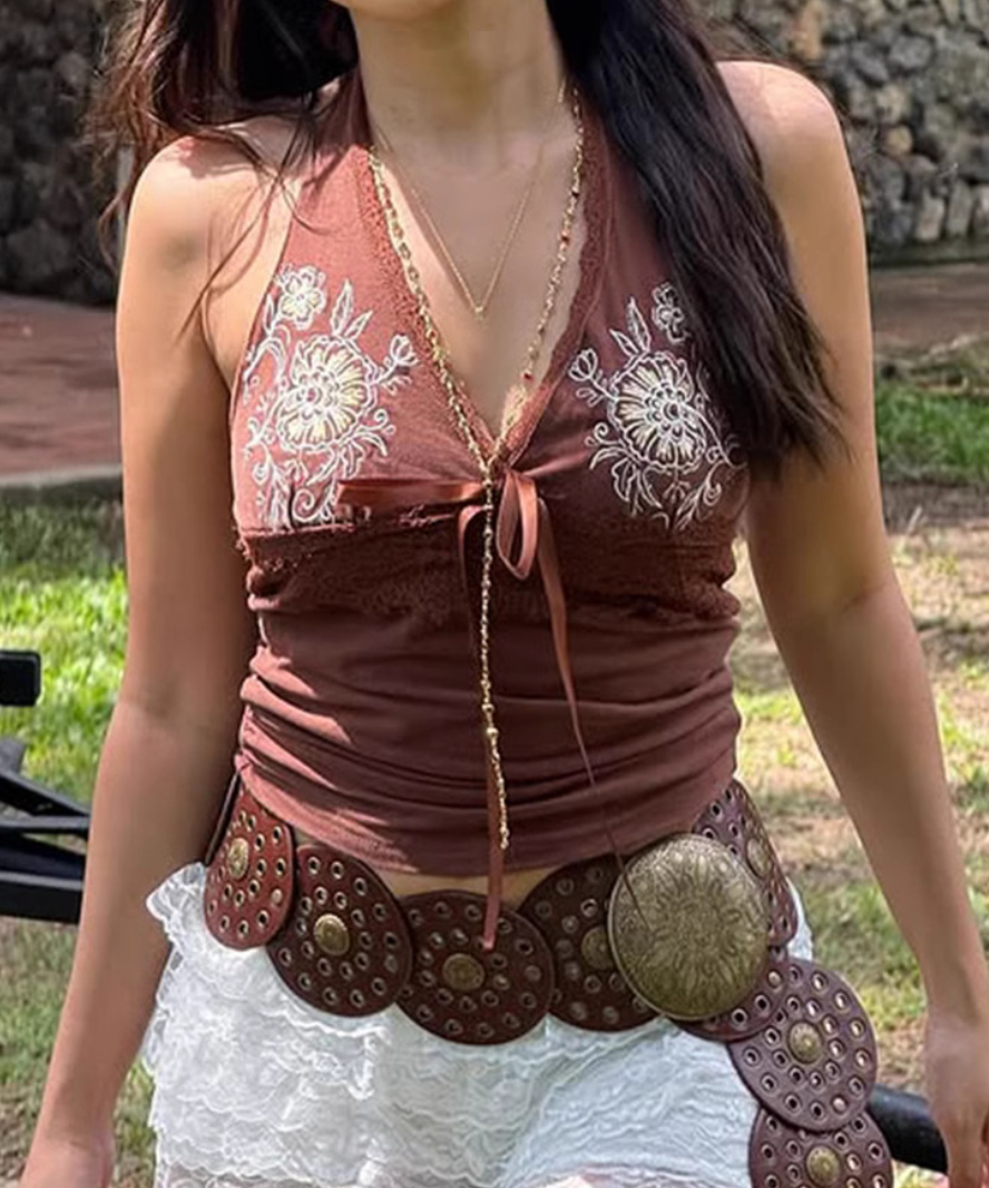 Romantic Pink Floral Halter Top | Lace Trim & Ruched Front | Fall Date Night Style