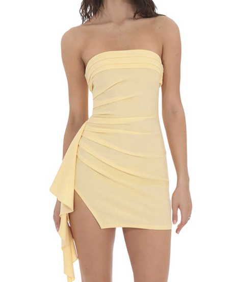 Head-Turning Butter Yellow Ruched Strapless Mini Dress - Asymmetrical Slit for Fall Parties & Date Nights