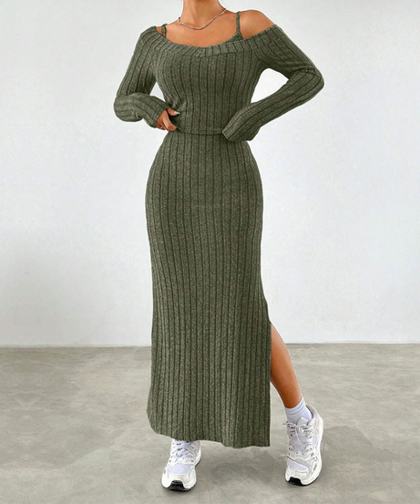 Fall Chic Ribbed Knit Two-Piece Set: Off-Shoulder Top & Side Slit Maxi Skirt
