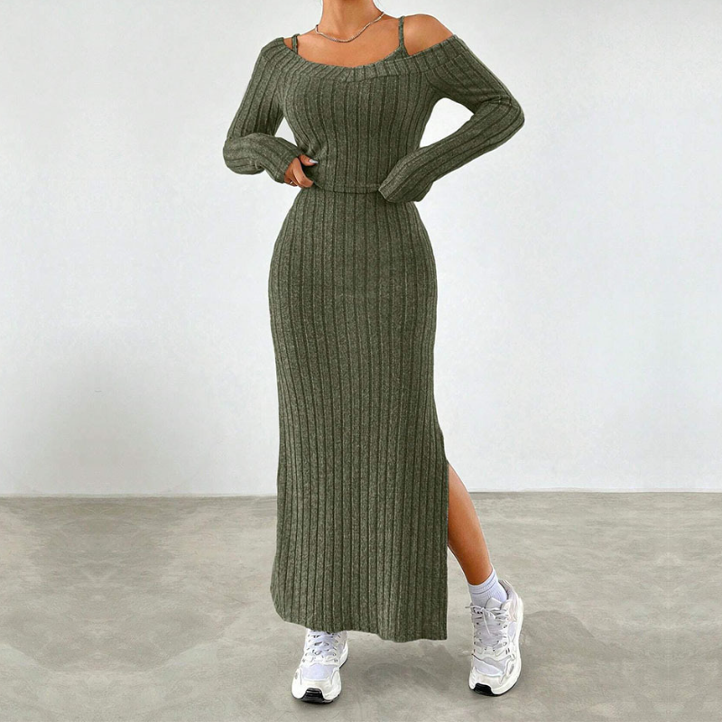 Fall Chic Ribbed Knit Two-Piece Set: Off-Shoulder Top & Side Slit Maxi Skirt