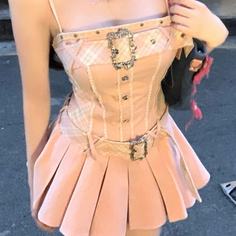 Y2K Coquette Dream: Pink Pleated Corset Mini Dress with Buckle Details – Your Fall Party Statement!