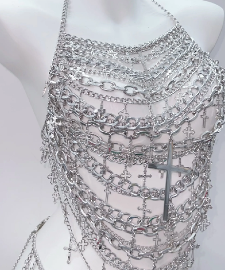 Edgy Silver Chain Halter Top | Gothic Cross Body Chain | Rave & Halloween Statement