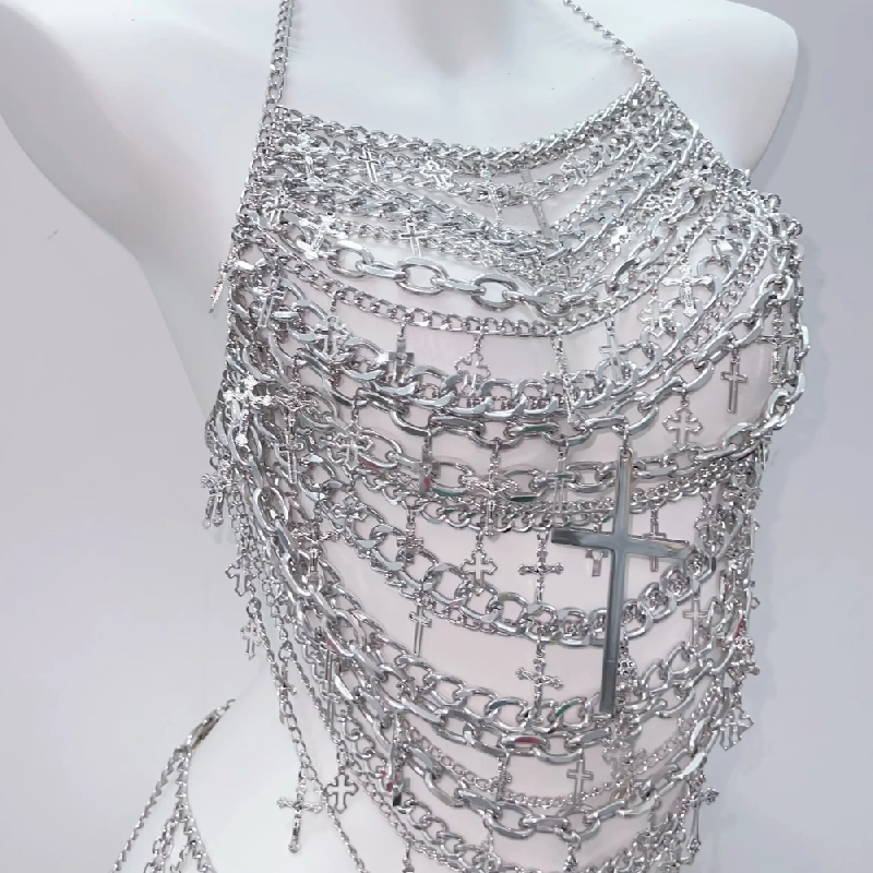 Edgy Silver Chain Halter Top | Gothic Cross Body Chain | Rave & Halloween Statement