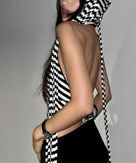 Edgy Black & White Striped Cowl Neck Crop Top with Backless Hooded Scarf Detail – Your Go-To for Fall Parties & Statement Style