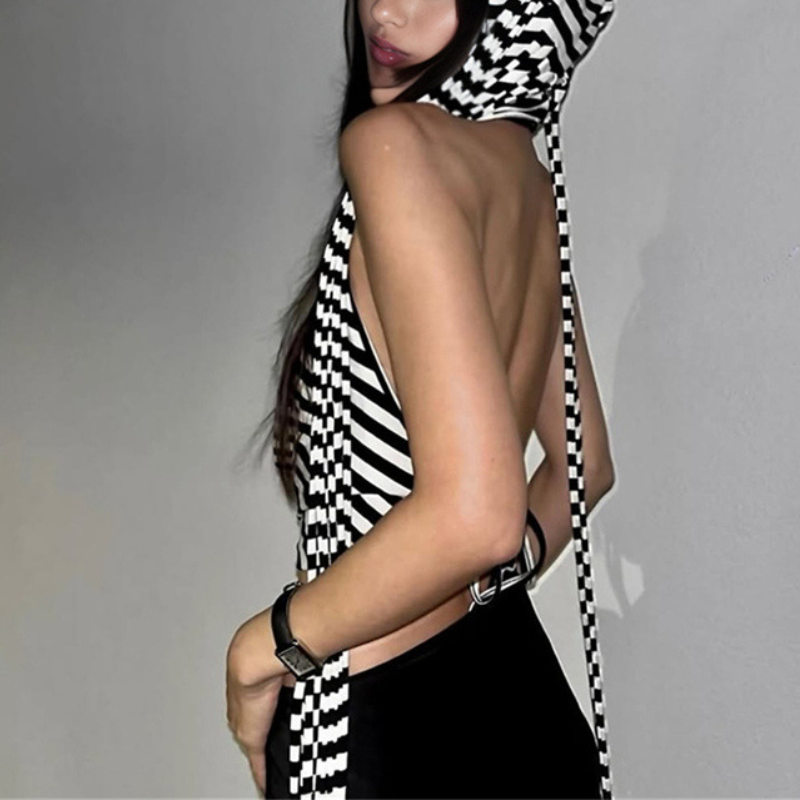 Edgy Black & White Striped Cowl Neck Crop Top with Backless Hooded Scarf Detail – Your Go-To for Fall Parties & Statement Style