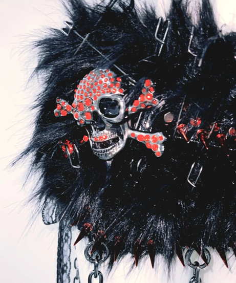 Fierce Spiked Skull Faux Fur Rave Set: Halter Crop Top & Mini Skirt - Halloween & Festival Ready!