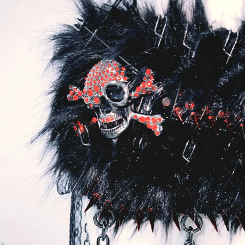 Fierce Spiked Skull Faux Fur Rave Set: Halter Crop Top & Mini Skirt - Halloween & Festival Ready!