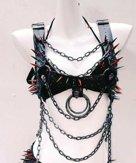 Unleash Your Inner Rebel: Spiked Skull & Chain Harness Top - Gothic Rave Festival Bralette for Halloween