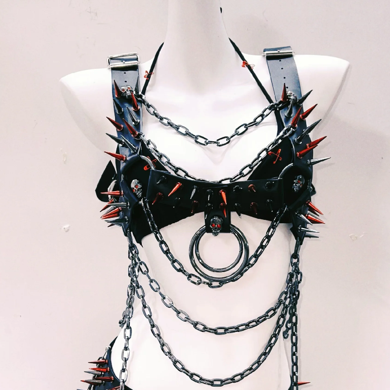 Unleash Your Inner Rebel: Spiked Skull & Chain Harness Top - Gothic Rave Festival Bralette for Halloween