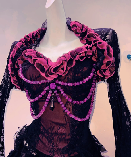 Enchanting Black & Pink Gothic 3-Piece Set: Corset, Ruffled Skirt & Lace Shrug - Perfect for Halloween & Fall Events