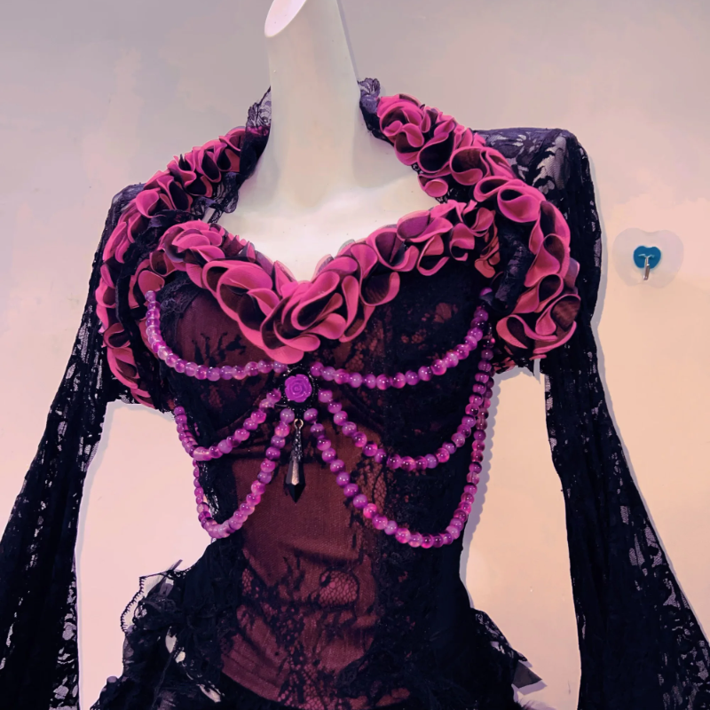 Enchanting Black & Pink Gothic 3-Piece Set: Corset, Ruffled Skirt & Lace Shrug - Perfect for Halloween & Fall Events