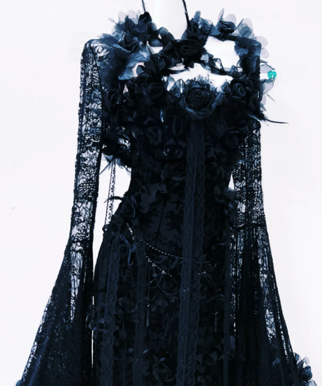 Enchanting Gothic Romance Black Lace Maxi Dress | Dramatic Bell Sleeves & Floral Appliques for Fall & Halloween