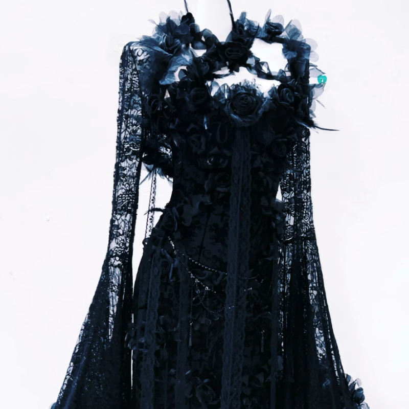 Enchanting Gothic Romance Black Lace Maxi Dress | Dramatic Bell Sleeves & Floral Appliques for Fall & Halloween