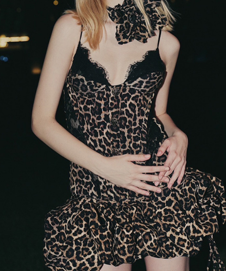 Fierce Leopard Print Lace Trim Mini Dress & Choker Set - Daring Fall & Holiday Glam