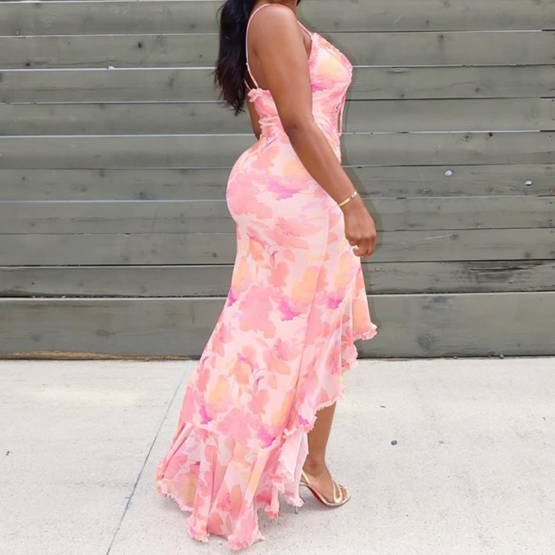 Pink Paradise Floral Ruffle Cutout Midi Dress - Your Ultimate Tropical Getaway & Resort Essential