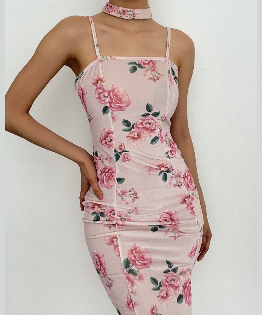 Enchanting Rose Floral Velvet-Touch Midi Dress with Choker & Seductive Slit - Perfect for Fall & Holiday Soirees