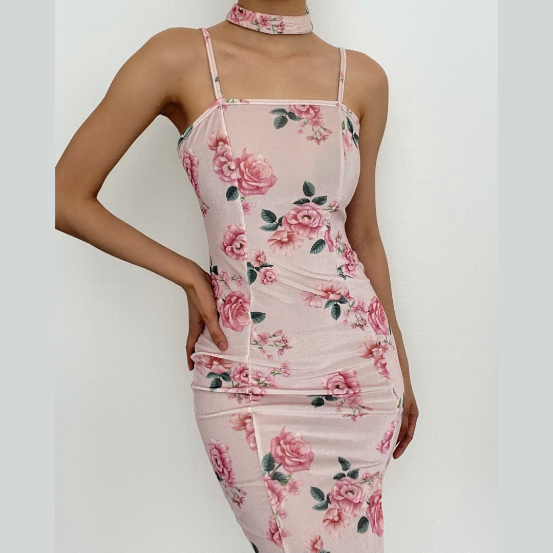 Enchanting Rose Floral Velvet-Touch Midi Dress with Choker & Seductive Slit - Perfect for Fall & Holiday Soirees