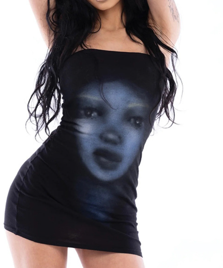 Mysterious Muse Portrait Tube Mini Dress - Edgy Fall Party & Halloween Chic