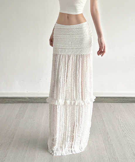 Effortless Chic White Lace Maxi Skirt - Bohemian Ruffle Tiered Flowy Style for Fall & Resort Getaways