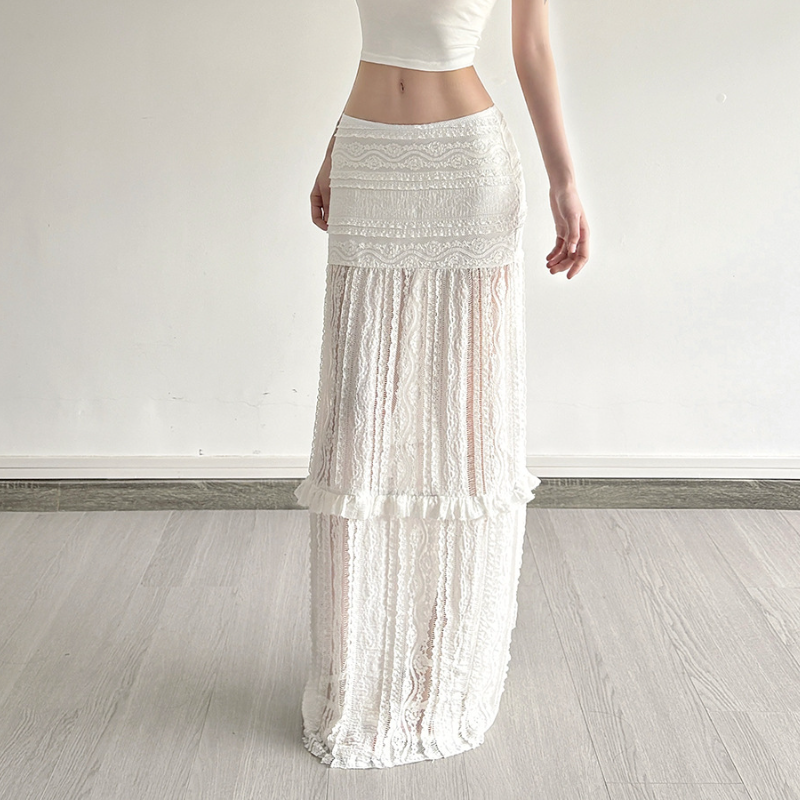 Effortless Chic White Lace Maxi Skirt - Bohemian Ruffle Tiered Flowy Style for Fall & Resort Getaways