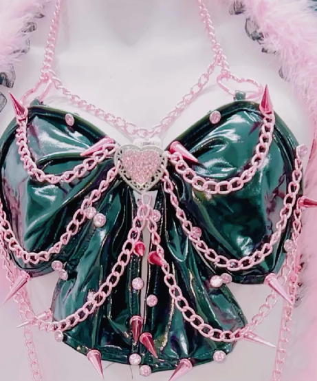 Glamour Goth Emerald & Pink Feather & Spike Duster Set - Halloween, Rave & Party Ready