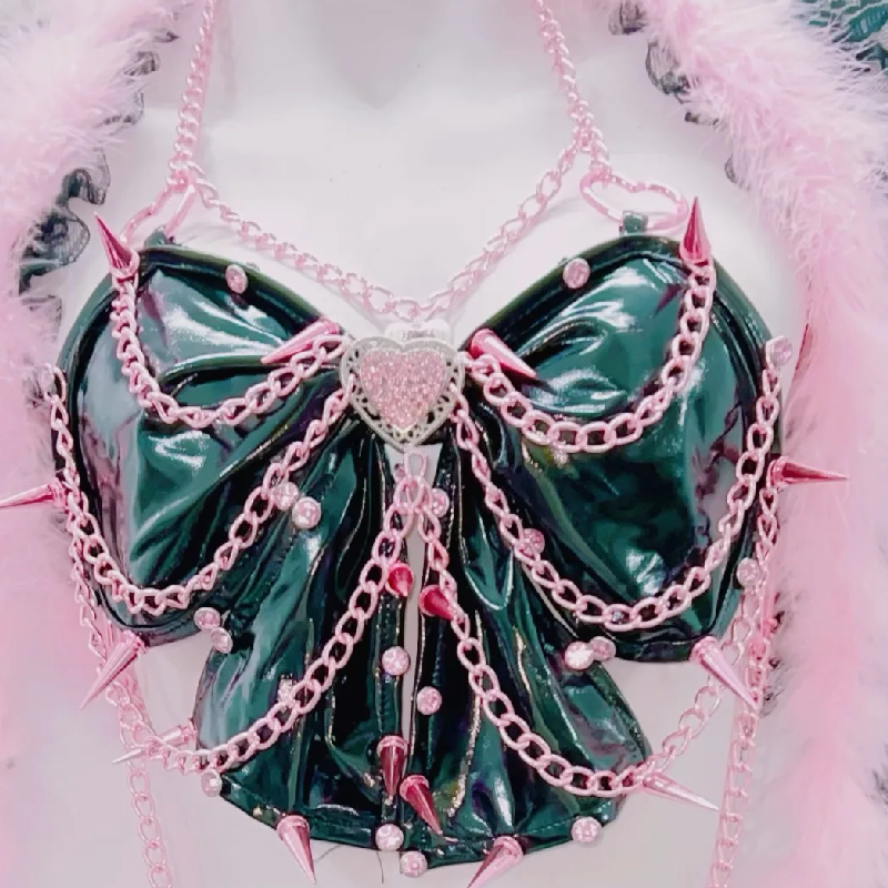 Glamour Goth Emerald & Pink Feather & Spike Duster Set - Halloween, Rave & Party Ready