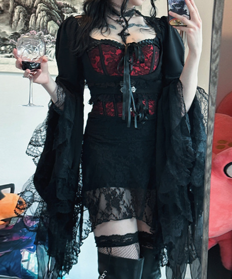 Enchanting Gothic Vampire Halloween Dress - Lace Bell Sleeve & Corset-Style Bodycon for Fall