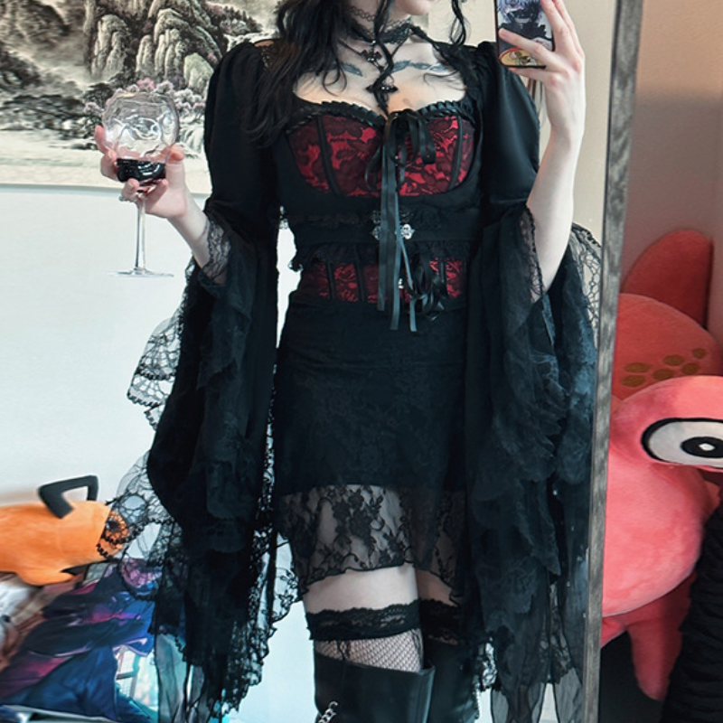 Enchanting Gothic Vampire Halloween Dress - Lace Bell Sleeve & Corset-Style Bodycon for Fall