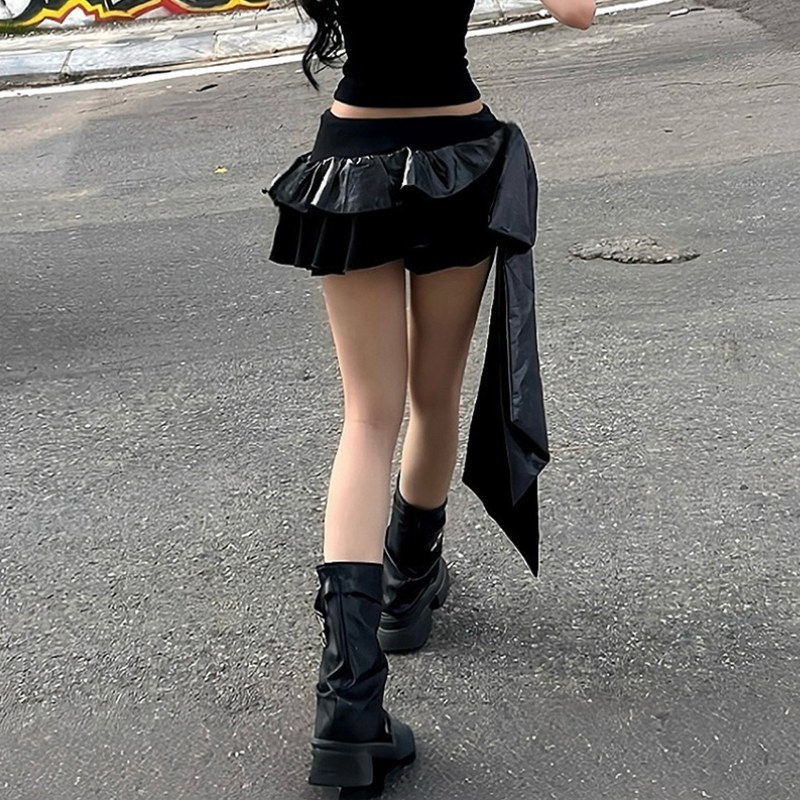 Edgy Asymmetrical Ruffle Mini Skirt - Faux Leather Detail & Fall Ready Style