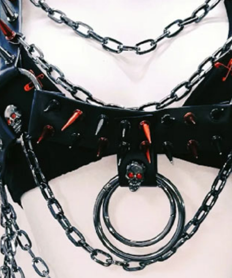 Unleash Your Inner Rebel: Spiked Skull & Chain Harness Top - Gothic Rave Festival Bralette for Halloween