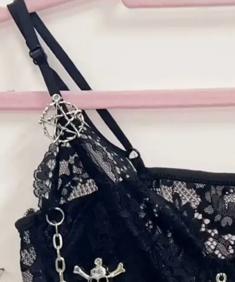 Haunted Heart Black Lace Cami Top - Gothic Skull & Cross Chains for Spooky Season Style