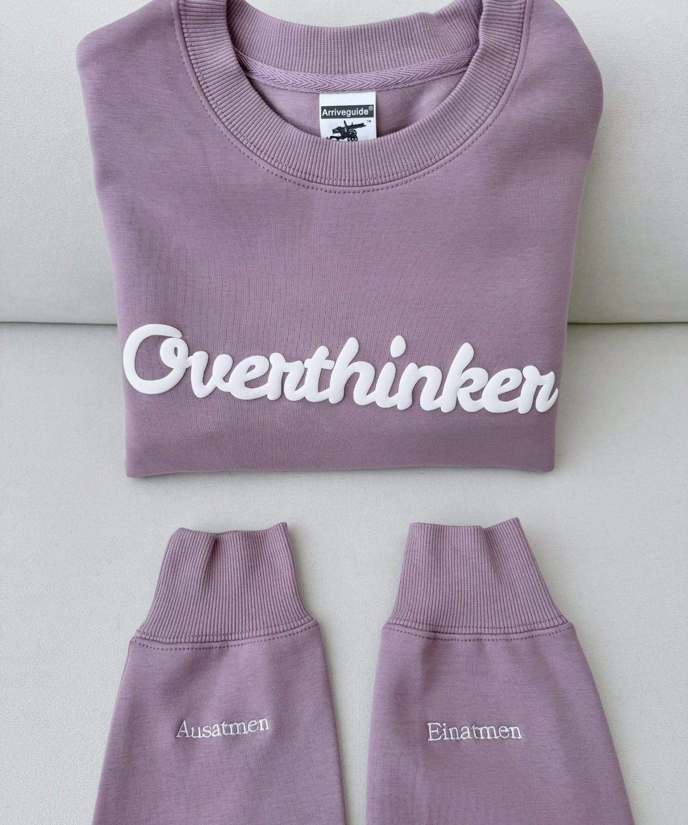Overthinker Cozy Lavender Crewneck Sweatshirt | Mindful "Breathe In, Breathe Out" Cuffs