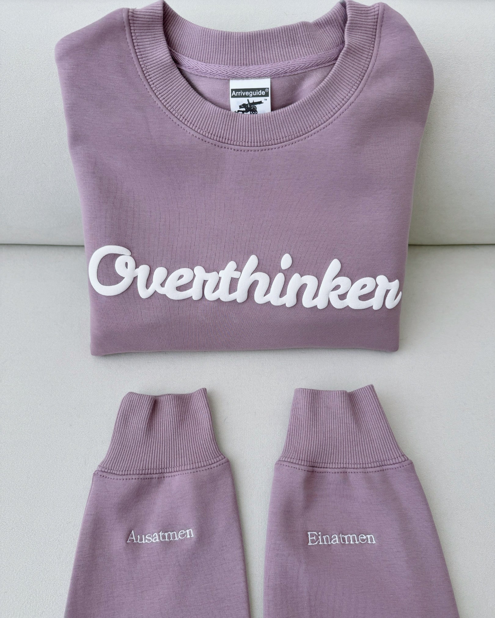 Overthinker Cozy Lavender Crewneck Sweatshirt | Mindful "Breathe In, Breathe Out" Cuffs