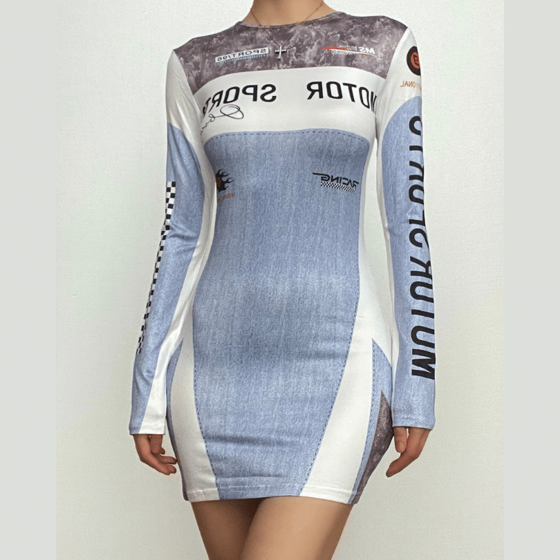 Rev Up Your Fall Style: Edgy Motorsports Denim Print Long Sleeve Bodycon Mini Dress