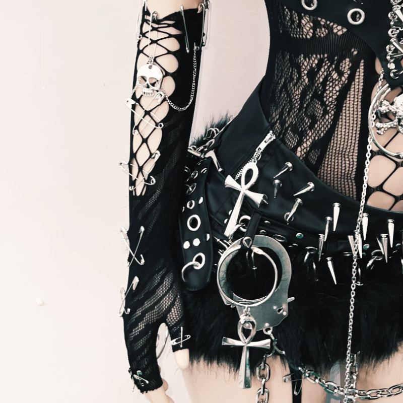 Fierce Spiked Gothic Skull Harness Top - Edgy Mesh Bralette for Halloween & Rave Season