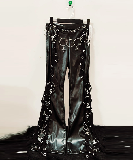 Rebel Heart Faux Leather O-Ring Flare Pants - Edgy Gothic Bell Bottoms with Cross Charms & Chain Belt for Fall & Halloween