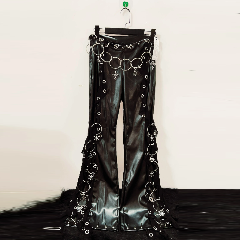 Rebel Heart Faux Leather O-Ring Flare Pants - Edgy Gothic Bell Bottoms with Cross Charms & Chain Belt for Fall & Halloween