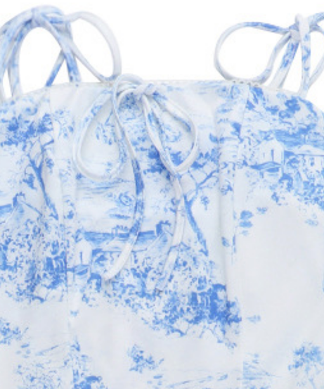 Charming Blue Toile Print Mini Dress - Adjustable Cami Straps for Fall & Vacation Chic