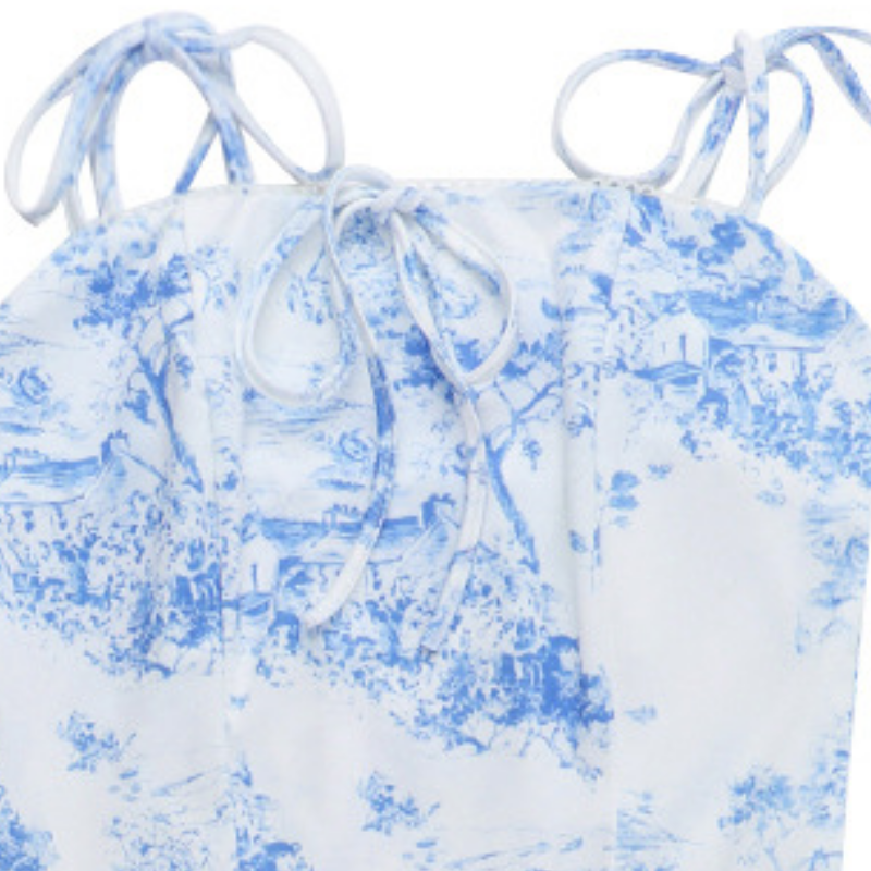 Charming Blue Toile Print Mini Dress - Adjustable Cami Straps for Fall & Vacation Chic