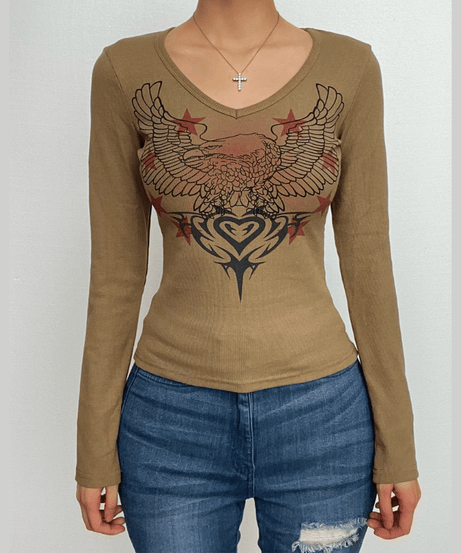 Y2K Grunge Eagle & Tribal Graphic Ribbed V-Neck Long Sleeve Top - Fall Fashion 2025