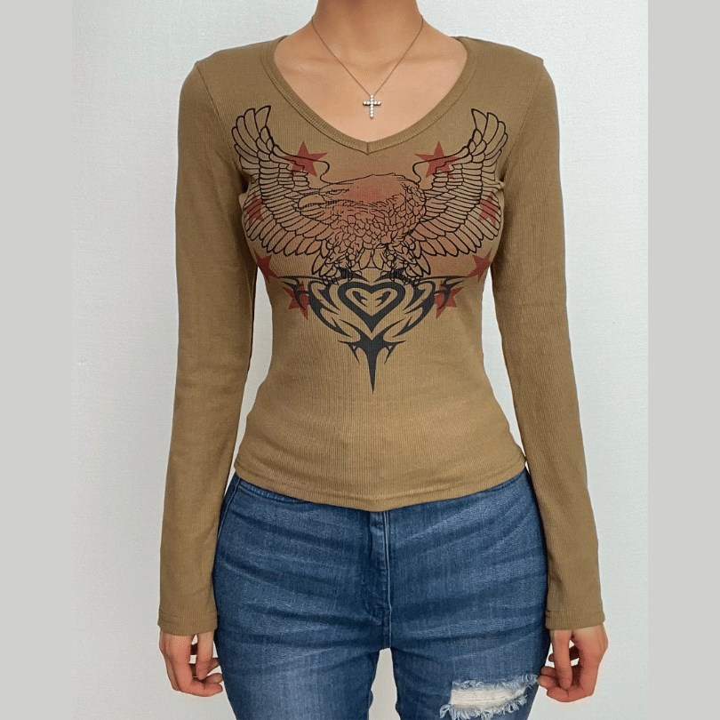 Y2K Grunge Eagle & Tribal Graphic Ribbed V-Neck Long Sleeve Top - Fall Fashion 2025
