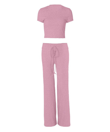 Effortless Fall Style: Cozy Heather Grey 2-Piece Cropped Tee & Wide-Leg Drawstring Pant Set