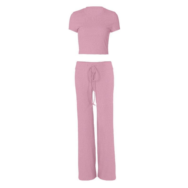 Effortless Fall Style: Cozy Heather Grey 2-Piece Cropped Tee & Wide-Leg Drawstring Pant Set