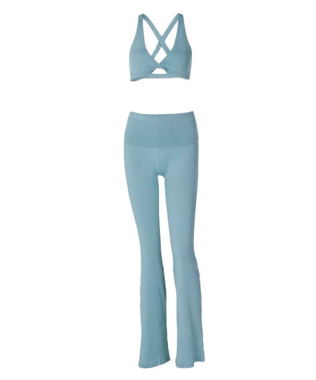Effortless Fall Comfort: Sage Green Flared Legging & Twisted Crop Top Set - Your Athleisure Essential