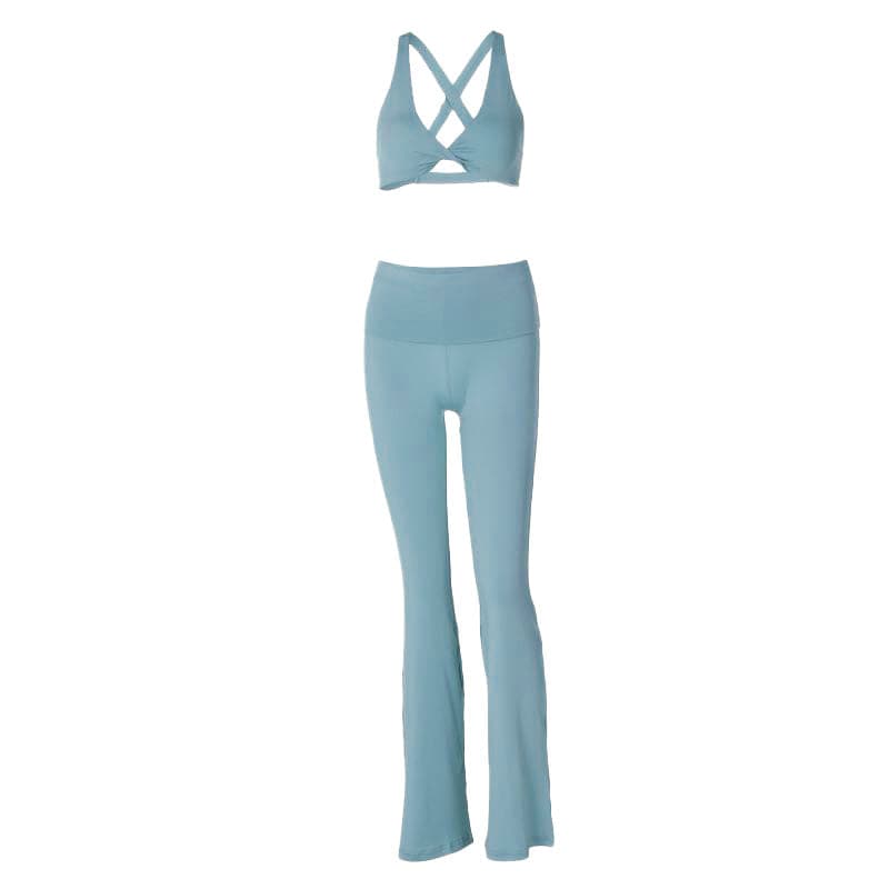 Effortless Fall Comfort: Sage Green Flared Legging & Twisted Crop Top Set - Your Athleisure Essential
