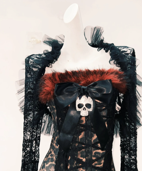 Gothic Glamour Skull Bow Mini Dress with Dramatic Bell Sleeves